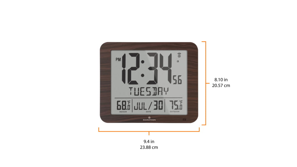 Marathon Slim Atomic Wall Clock w/ Indoor/Outdoor Temperature, Wood, 9.8in x 1.2in x 8.1in, CL030027-WD-FD-NA