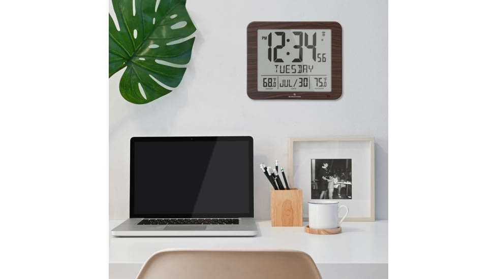 Marathon Slim Atomic Wall Clock w/ Indoor/Outdoor Temperature, Wood, 9.8in x 1.2in x 8.1in, CL030027-WD-FD-NA