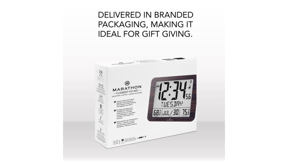 Marathon Slim Atomic Wall Clock w/ Indoor/Outdoor Temperature, Wood, 9.8in x 1.2in x 8.1in, CL030027-WD-FD-NA