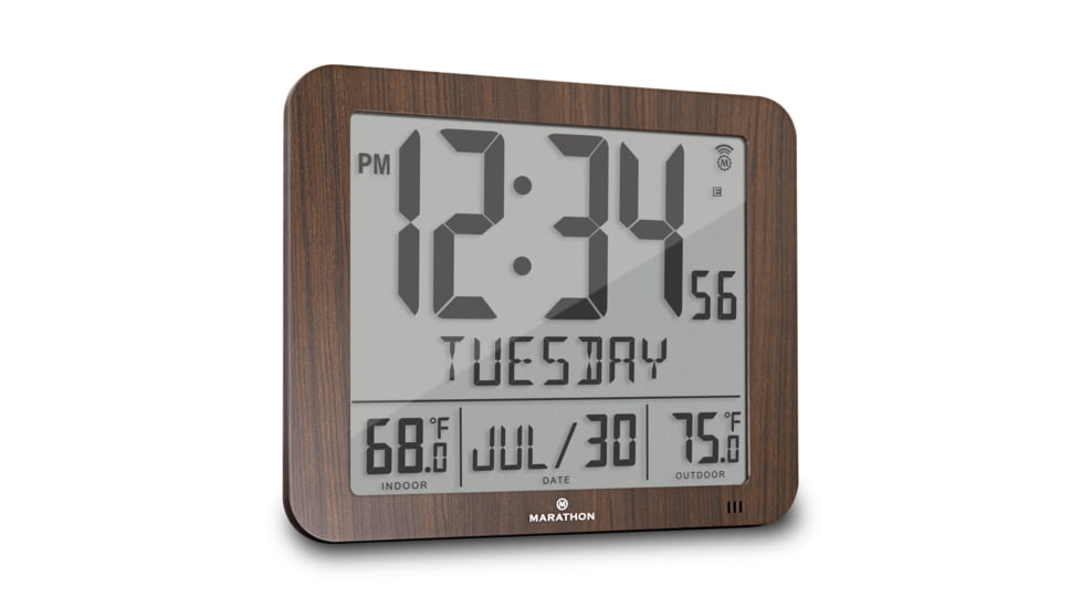 Marathon Slim Atomic Wall Clock w/ Indoor/Outdoor Temperature, Wood, 9.8in x 1.2in x 8.1in, CL030027-WD-FD-NA