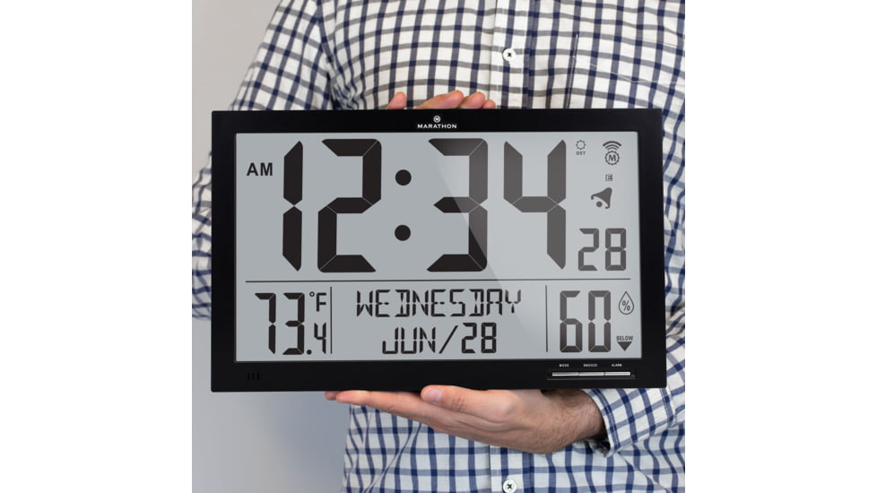 Marathon Slim Jumbo Atomic Digital Wall Clock, Black, 14.6in x 1.2in x 9in, CL030062-BK-FD-NA