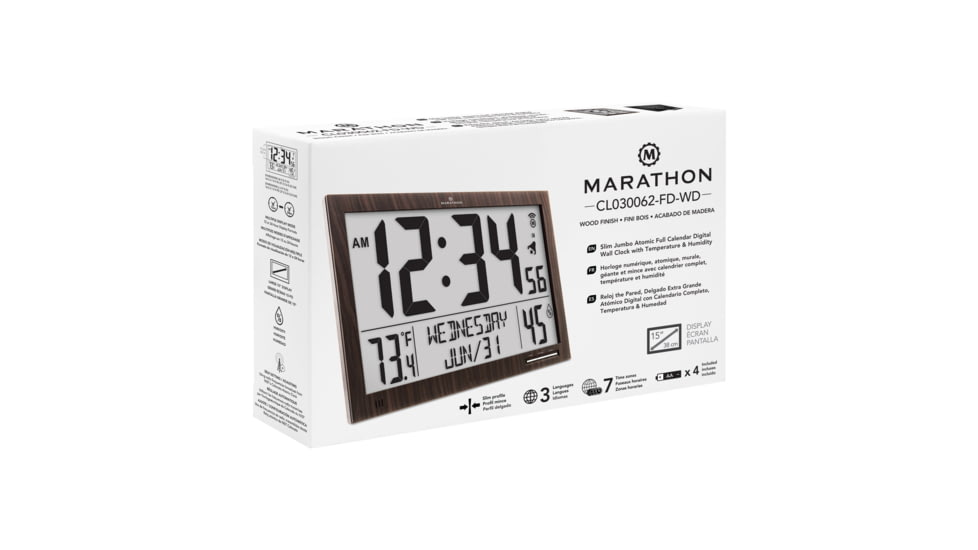Marathon Slim Jumbo Atomic Digital Wall Clock, Wood, 14.6in x 1.2in x 9in, CL030062-WD-FD-NA