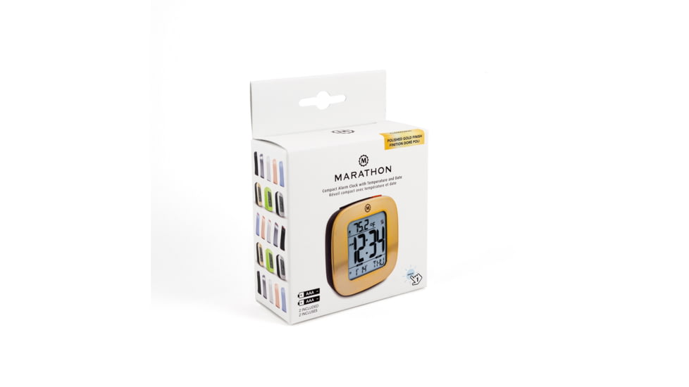 Marathon Small Compact Alarm Clock, Gold, 3in x 1in x 3in, CL030058-GD-00-NA