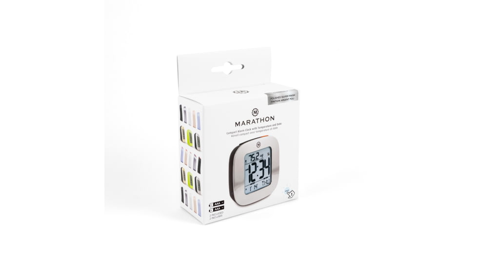 Marathon Small Compact Alarm Clock, Silver, 3in x 1in x 3in, CL030058-SV-00-NA
