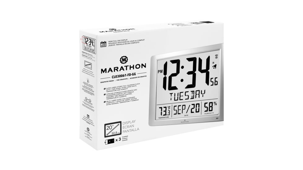 Marathon Super Jumbo Atomic Wall Clock with Full Date display and 7 Time Zones, Classic Black, LARGE, CL030061-GG-FD-NA