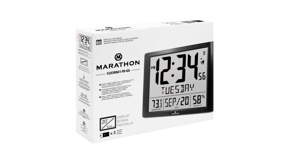 Marathon Super Jumbo Atomic Wall Clock with Full Date display and 7 Time Zones, Graphite Grey, LARGE, CL030061-BK-FD-NA