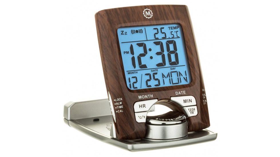 Marathon Travel Alarm Clock w/Calendar and Temperature, Wood, CL030023-WD-SV-NA