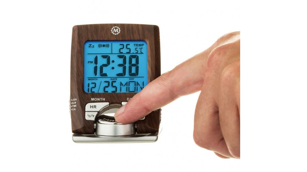 Marathon Travel Alarm Clock w/Calendar and Temperature, Wood, CL030023-WD-SV-NA