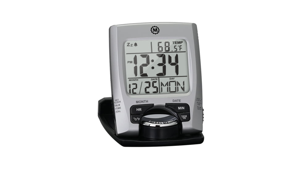 Marathon Travel Alarm Clock w/ Calendar and Temperature, Silver, 2.5in x .5in x 3in, CL030023-SV-BK-NA