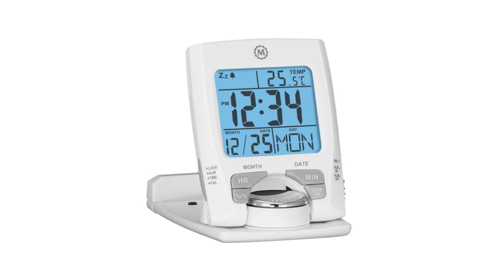 Marathon Travel Alarm Clock w/ Calendar and Temperature, White, 2.5in x .5in x 3in, CL030023-WH-SV-NA