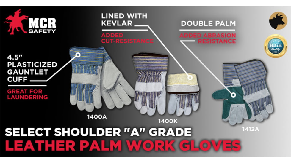 MCR Safety A Shoulder Leather Palm Work Gloves, 2.5in Plasticized Safety Cuff, Left Hand, Gray, Large, 1400LH