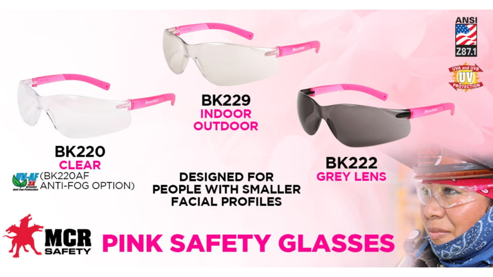 MCR Safety BearKat BK2 Series Safety Glasses, Soft Non-Slip Temple, Clear Lens/Pink Frame, One Size, BK220