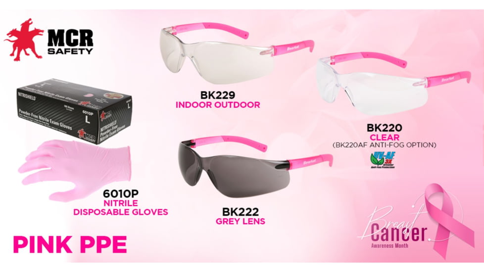 MCR Safety BearKat BK2 Series Safety Glasses, Soft Non-Slip Temple, Clear Lens/Pink Frame, One Size, BK220