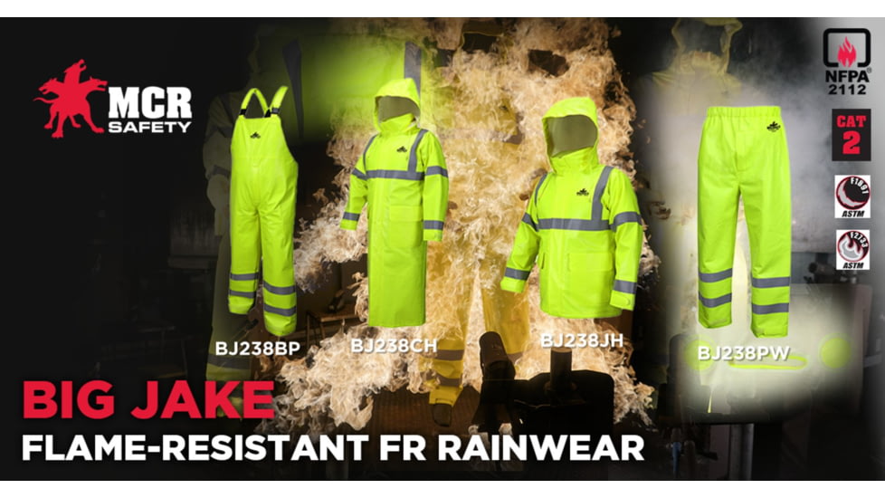 MCR Safety Big Jake 2 Flame Resistant Rain Jacket, PVC/Meta-Aramid ANSI Class 3 Hi-Vis Standard, HRC2/CAT2, ARC Rating - ATPV 11 cal/cm2, Fluorescent Lime, 2X, BJ238JHX2