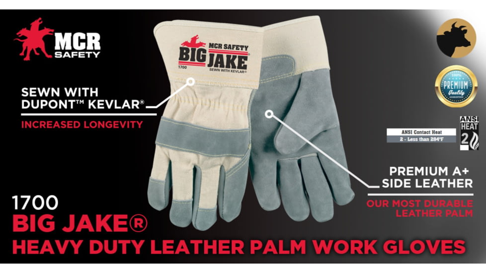 MCR Safety Big Jake Premium A+ Side Leather Palm Work Gloves, Sewn with DuPont Kevlar, 2 3/4in Safety Cuff, Gray, XX - Large, 1700XXL