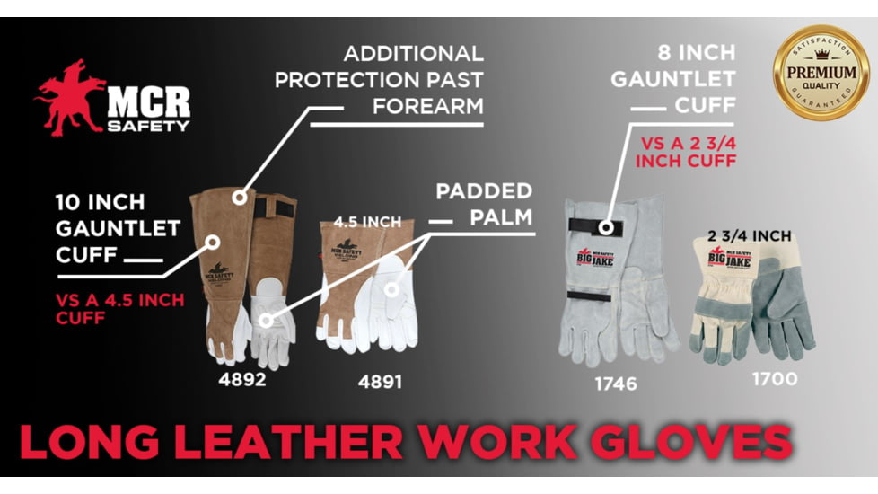 MCR Safety Big Jake Full Leather Back Work Gloves, 8in Leather Extended Gauntlet Bell Cuff, Inside Double Leather Palm, Gray, X - Large, 1746XL
