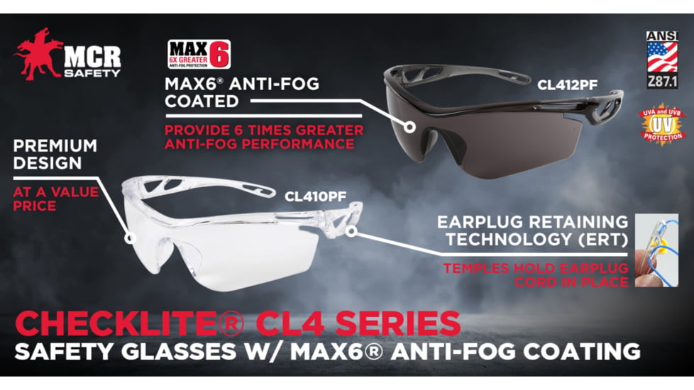 MCR Safety Checklite CL4 Series Safety Glasses, MAX6 Anti-Fog Lens Coating, Earplug Retaining Technology, Temples Hold Earplug Cord in Place, Gray, One Size, CL412PF