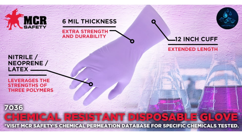 MCR Safety ChemTech Tri-Polymer Blended Disposable Gloves, Powder Free Industrial Food Service Grade, Nitrile Neoprene and Latex Polymers, 12in Length, 6 mil Thickness, Lilac, Small, 7036S