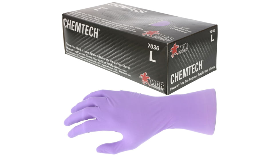 MCR Safety ChemTech Tri-Polymer Blended Disposable Gloves, Powder Free Industrial Food Service Grade, Nitrile Neoprene and Latex Polymers, 12in Length, 6 mil Thickness, Lilac, Small, 7036S