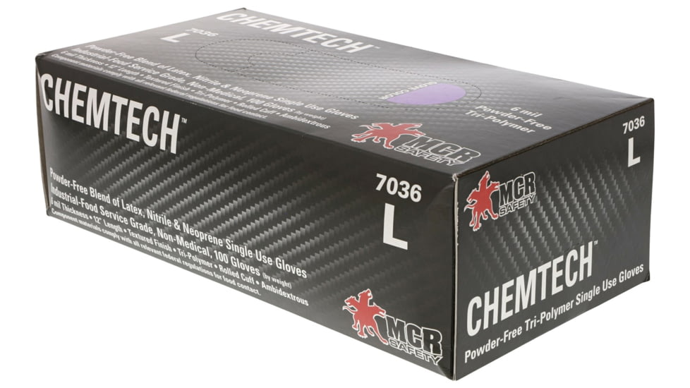 MCR Safety ChemTech Tri-Polymer Blended Disposable Gloves, Powder Free Industrial Food Service Grade, Nitrile Neoprene and Latex Polymers, 12in Length, 6 mil Thickness, Lilac, Small, 7036S