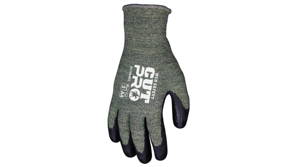 MCR Safety Cut Pro 13 Gauge Kevlar and Synthetic Shell Cut Resistant Work Gloves, APG Coated Palm and Fingertips, Black/Green, X - Large, 9379ARCXL