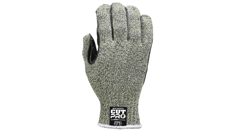 MCR Safety Cut Pro Hero 7 Gauge Regular Weight Shell Cut Resistant Work Gloves with Leather Palm, Black, Small, 93861S