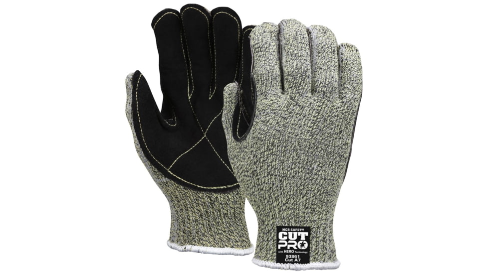 MCR Safety Cut Pro Hero 7 Gauge Regular Weight Shell Cut Resistant Work Gloves with Leather Palm, Black, Small, 93861S