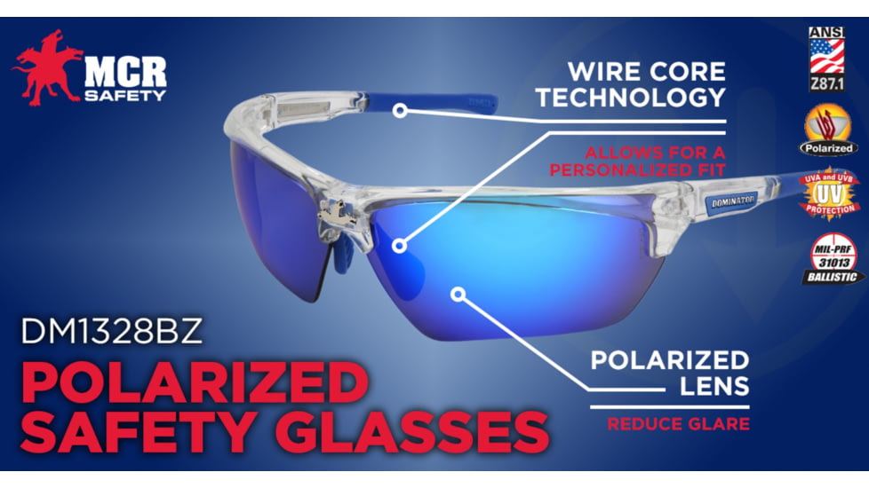 MCR Safety Dominator DM3 Series Safety Glasses, Polarized Lenses, Adjustable Wire Core Temples and Nose Piece, Blue Diamond Mirror, One Size, DM1328BZ