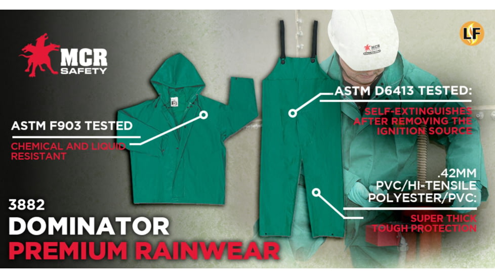 MCR Safety Dominator Series Jacket with Zipper Front and Bib Pants, .42mm PVC/Poly/PVC, Green, 8X, 3882X8