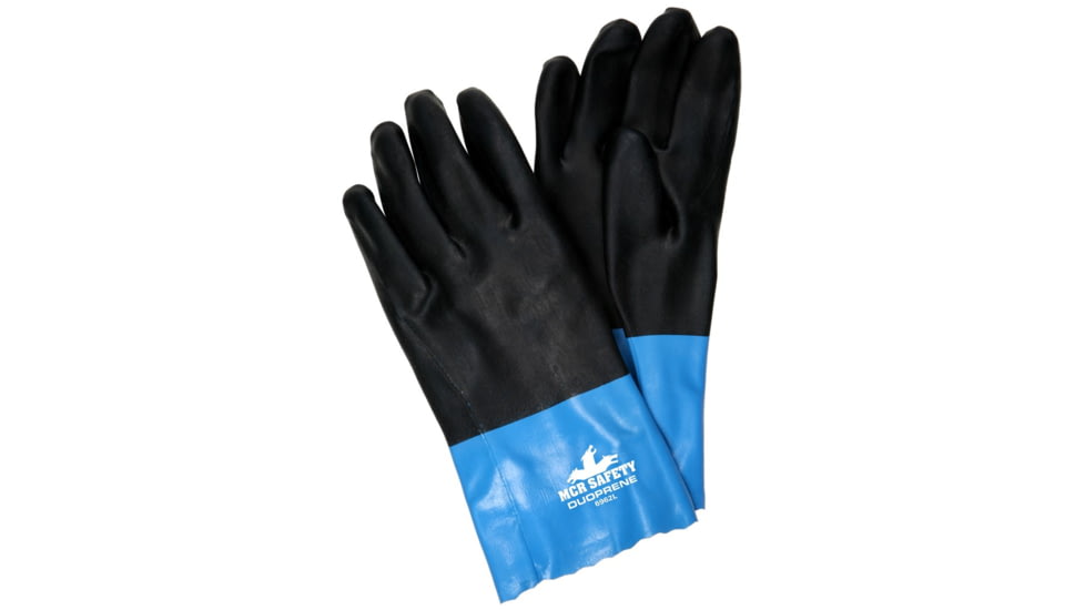 MCR Safety Duoprene Neoprene Coated Work Gloves, Double Dipped Sandy Neoprene, 12in Length Fully Coated, Brushed Interlock Liner, Black/Blue, Medium, 6962M
