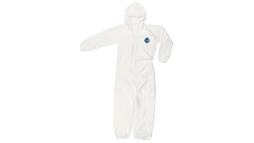 MCR Safety DuPont Tyvek Coverall with Zipper Front, Elastic Sleeves &amp; Ankles, Attached Hood, White, L, TY127SL