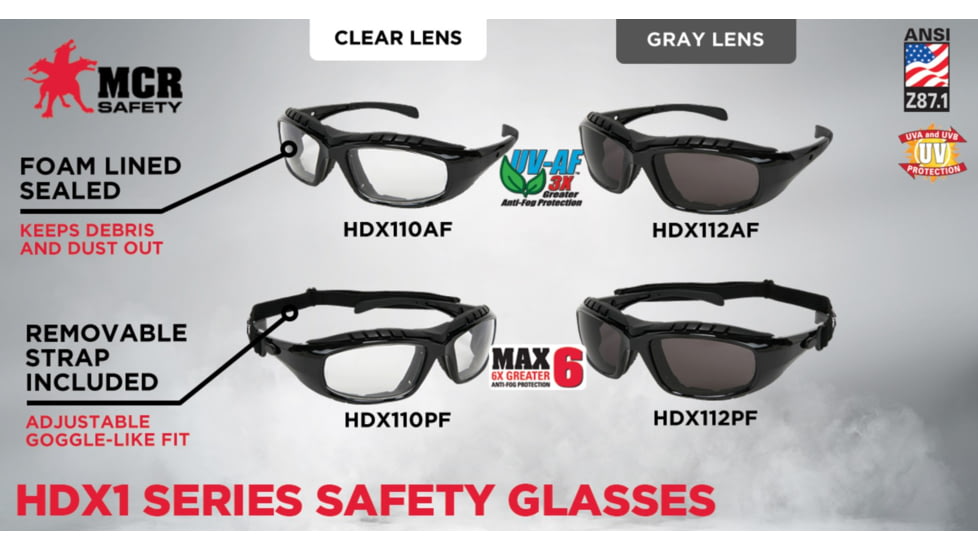 MCR Safety HDX1 Series Safety Glasses, MAX6 Anti-Fog Coating, Removable Elastic Strap, Gray, One Size, HDX112PF