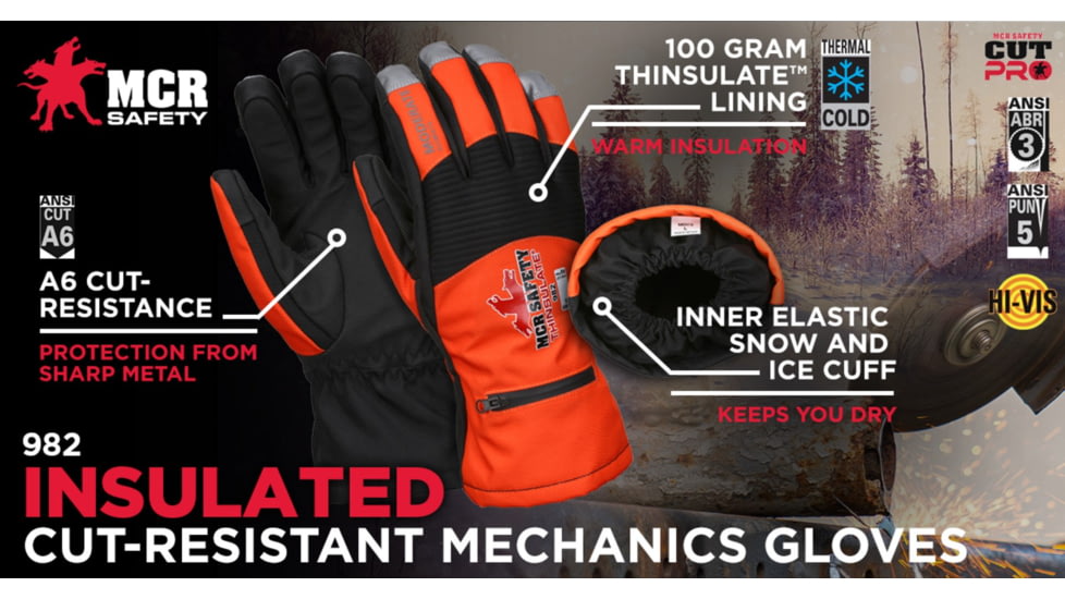 MCR Safety Insulated Mechanics Gloves, 100 gram Thinsulate, Cut Resistant Lining, MAXGrid Material Palm, Inner Elastic Snow and Ice Cuff, Black/Hi-Vis Orange, Large, 982L