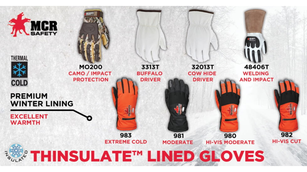 MCR Safety Insulated Mechanics Gloves, 100 gram Thinsulate, Cut Resistant Lining, MAXGrid Material Palm, Inner Elastic Snow and Ice Cuff, Black/Hi-Vis Orange, Large, 982L