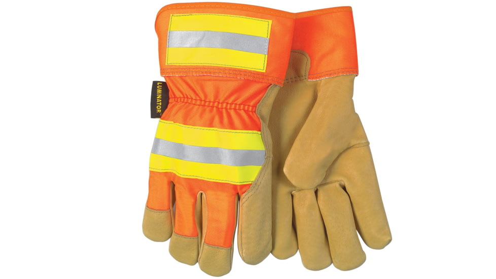 MCR Safety Luminator Grain Pigskin Leather Palm Work Gloves, Hi-Vis Back and 2.5in Safety Cuff, Fleece Lined Palm, Gold, Large, 19251L