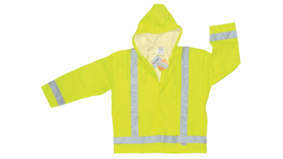MCR Safety Luminator Hi Vis Lightweight Rain Jacket, Poly/PU, Attached Drawstring Hood, ANSI 107 Type R Class 3, Fluorescent Lime, L, 500RJHL