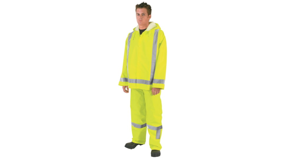 MCR Safety Luminator Hi Vis Lightweight Rain Jacket, Poly/PU, Attached Drawstring Hood, ANSI 107 Type R Class 3, Fluorescent Lime, L, 500RJHL