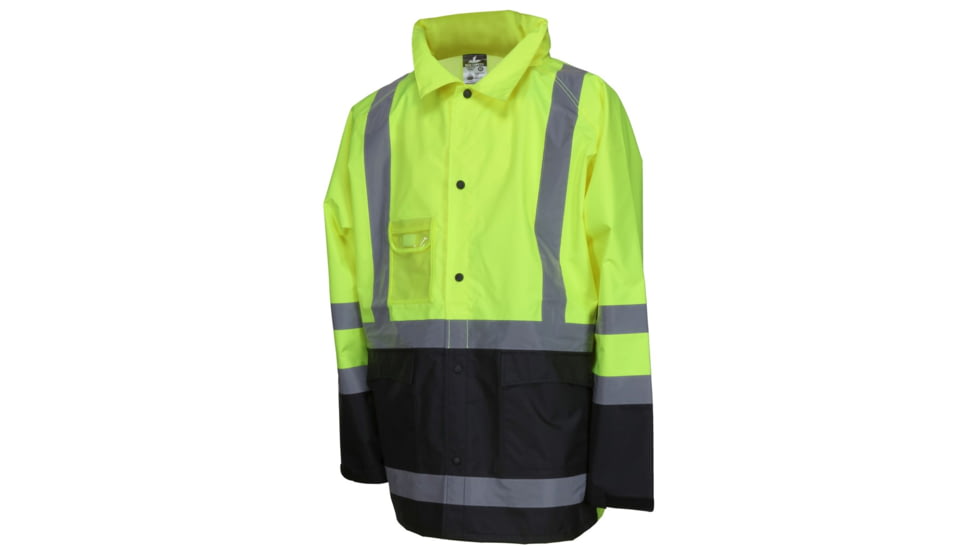 MCR Safety Luminator Hi Vis Lightweight Rain Jacket, Poly/PU, Detachable Hideaway, Hood with Drawstring, ANSI 107 Type R Class 3, Fluorescent Lime, 4X, 508SJX4