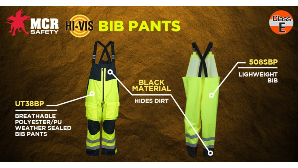 MCR Safety Luminator Hi Vis Lightweight Rain Pants, Poly/PU, High Bib Pocket and Full Elastic Suspenders, ANSI 107 Class E, Fluorescent Lime, L, 508SBPL