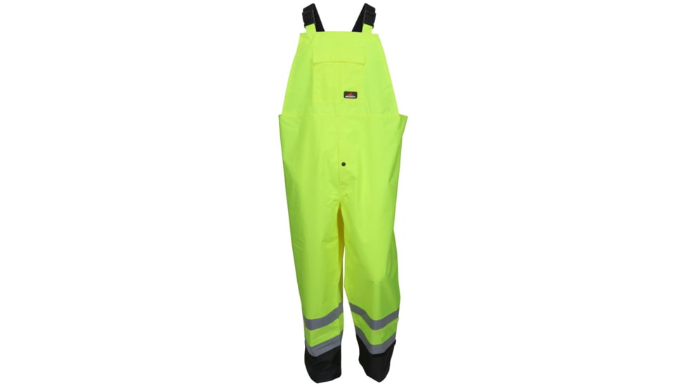 MCR Safety Luminator Hi Vis Lightweight Rain Pants, Poly/PU, High Bib Pocket and Full Elastic Suspenders, ANSI 107 Class E, Fluorescent Lime, L, 508SBPL