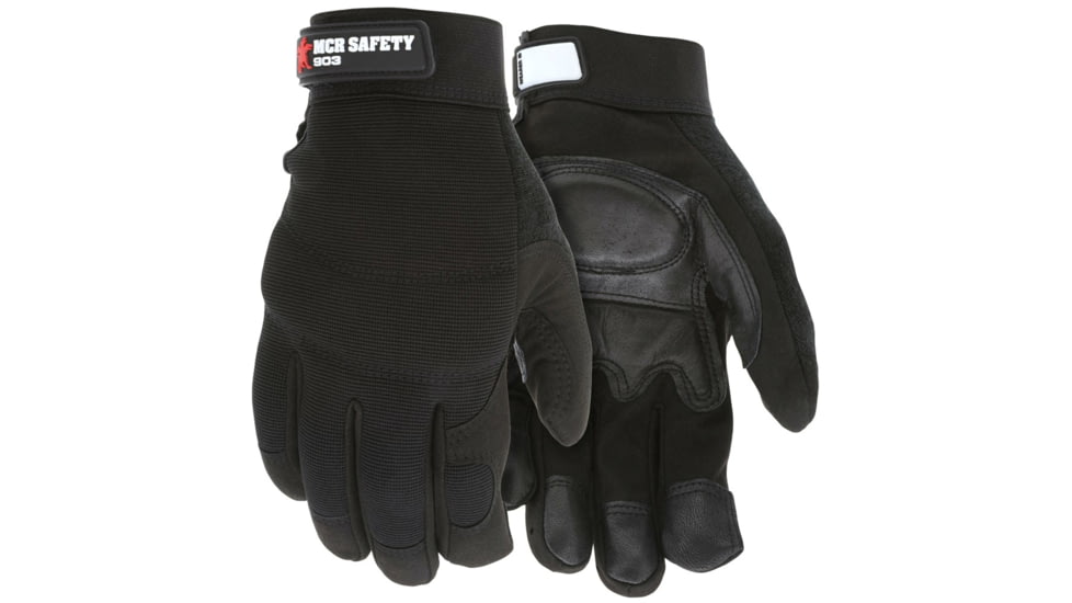 MCR Safety Mechanics Gloves, Grain Goatskin Palm with Foam Padding, Adjustable Hook and Loop Wrist Closure, Black, X - Large, 903XL