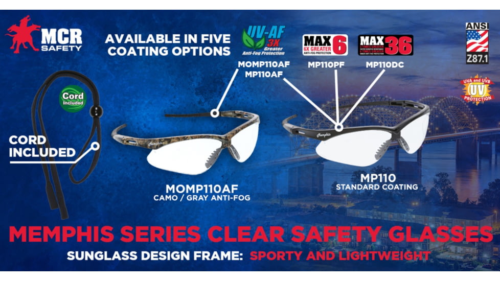 MCR Safety Memphis Series Mossy Oak Camo Safety Glasses, UV-AF Anti-Fog Coating, Wrap Around Lens Design, Clear, One Size, MOMP110AF