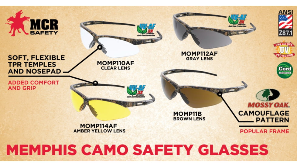 MCR Safety Memphis Series Mossy Oak Camo Safety Glasses, UV-AF Anti-Fog Coating, Wrap Around Lens Design, Clear, One Size, MOMP110AF