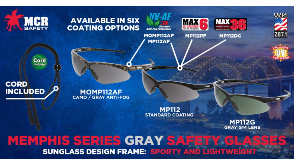MCR Safety Memphis Series Mossy Oak Camo Safety Glasses, UV-AF Anti-Fog Coating, Wrap Around Lens Design, Gray, One Size, MOMP112AF