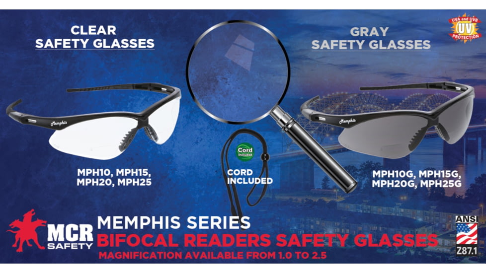 MCR Safety MPH20G Memphis Series Bifocal Readers Safety Glasses, 2.5 Diopter Lenses, Wrap Around Lens Design, Gray, One Size, MPH20G