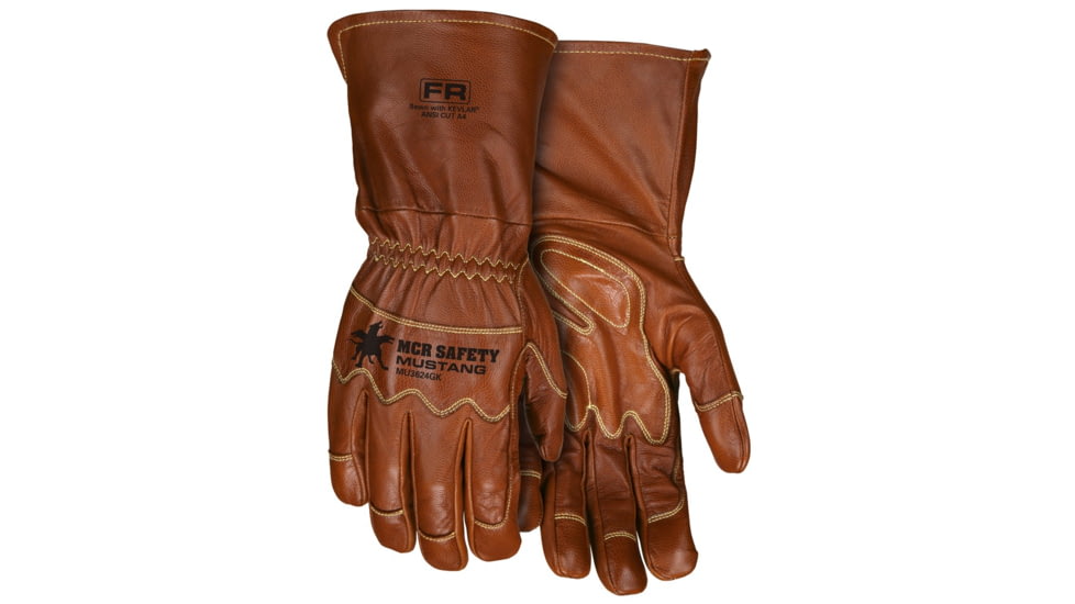MCR Safety Mustang Utility Leather Work Gloves, Grain Goat Double Palm, DuPont Kevlar Lined and Sewn, Extended Gauntlet Cuff and Wing Thumb, Brown, Medium, MU3624GKM