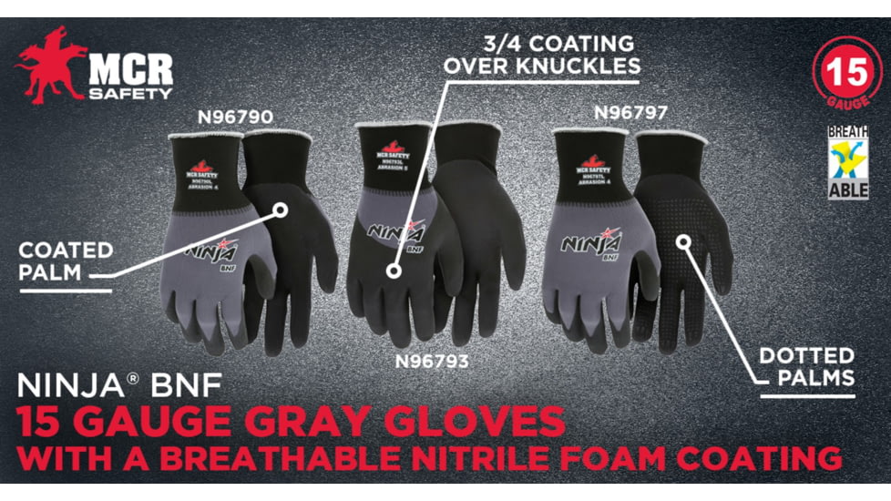MCR Safety Ninja BNF Work Gloves, 15 Gauge Nylon/Spandex Shell, NFT Coated Palm and Fingertips, Black/Gray, X - Large, N96790XL