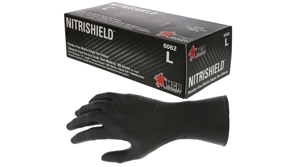 MCR Safety NitriShield Stealth Disposable Nitrile Gloves, Powder Free Industrial Food Service Grade, 12in Length, 6 mil Thickness, Black, Small, 6062S