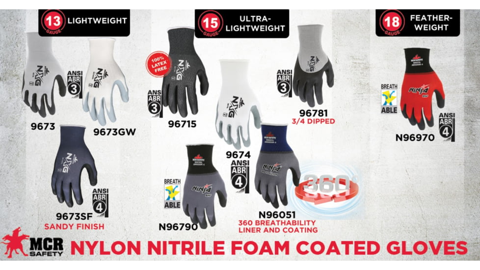 MCR Safety NXG Work Gloves, 13 Gauge Nylon, Nitrile Foam Coated Palm and Fingertips, Black/Gray, Medium, 9673M