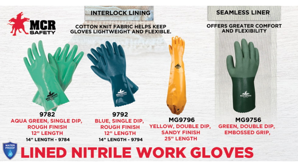 MCR Safety Predaflex Flexible Fully Coated Work Gloves, Nitrile Brushed Interlock Liner, 12in Gauntlet Cuff, Blue/White, Medium, 9792M